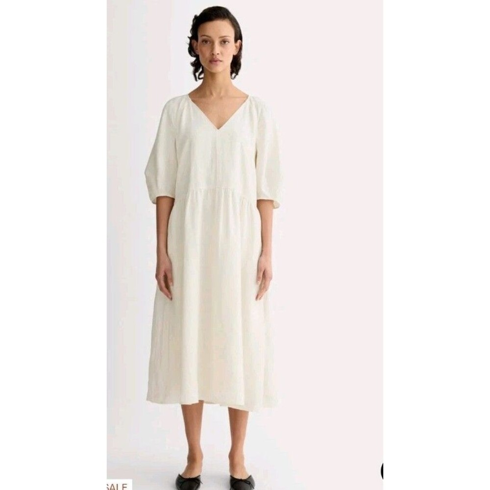 Everlane Tencel Puff Sleeve Midi Dress Cream Casual Chic Size XS